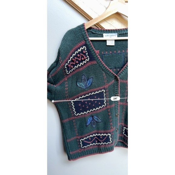 VTG Kathy Ireland Plaid Patch Sweater Cardigan L Embroidered Leaf Heritage - Picture 10 of 12